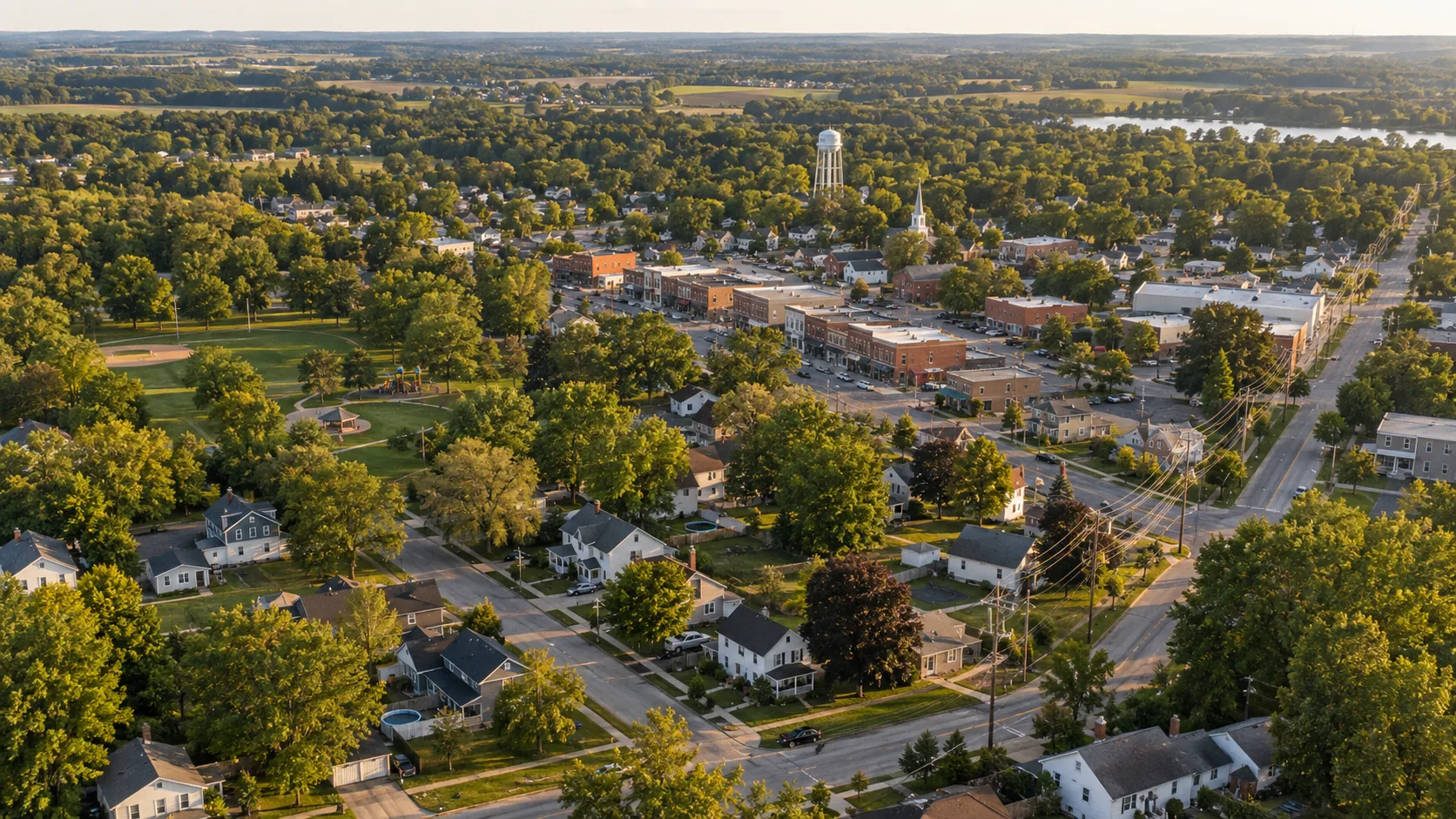 An aerial view of a tree-lined town and the infrastructure that serves it.