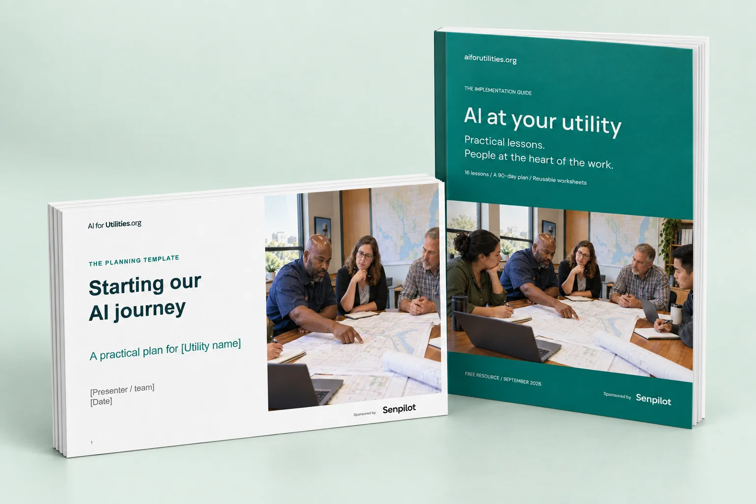 3D mockup of the AI at your utility guide beside the Starting our AI journey presentation.