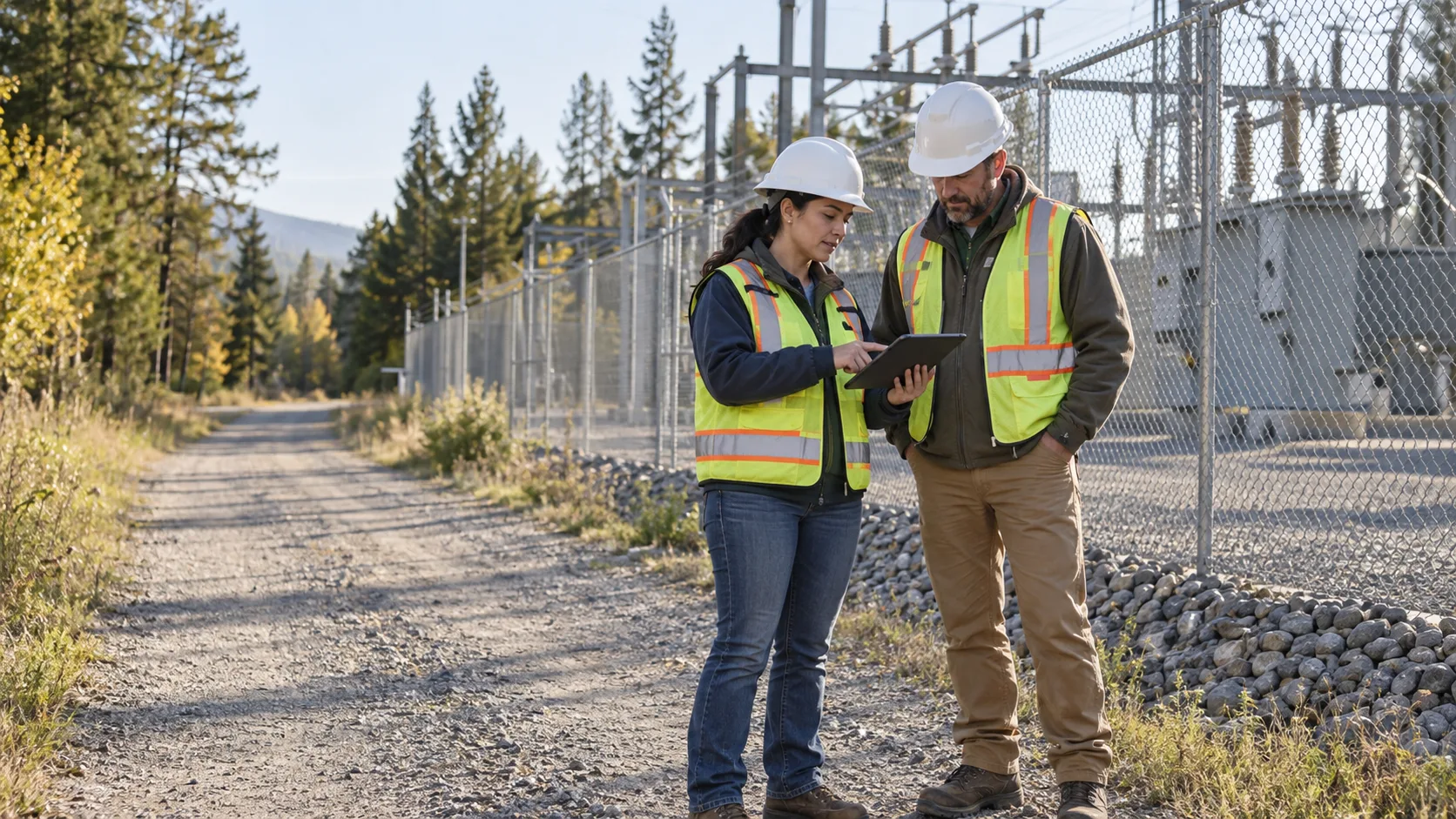 Two utility field workers reviewing a tablet outside a substation.