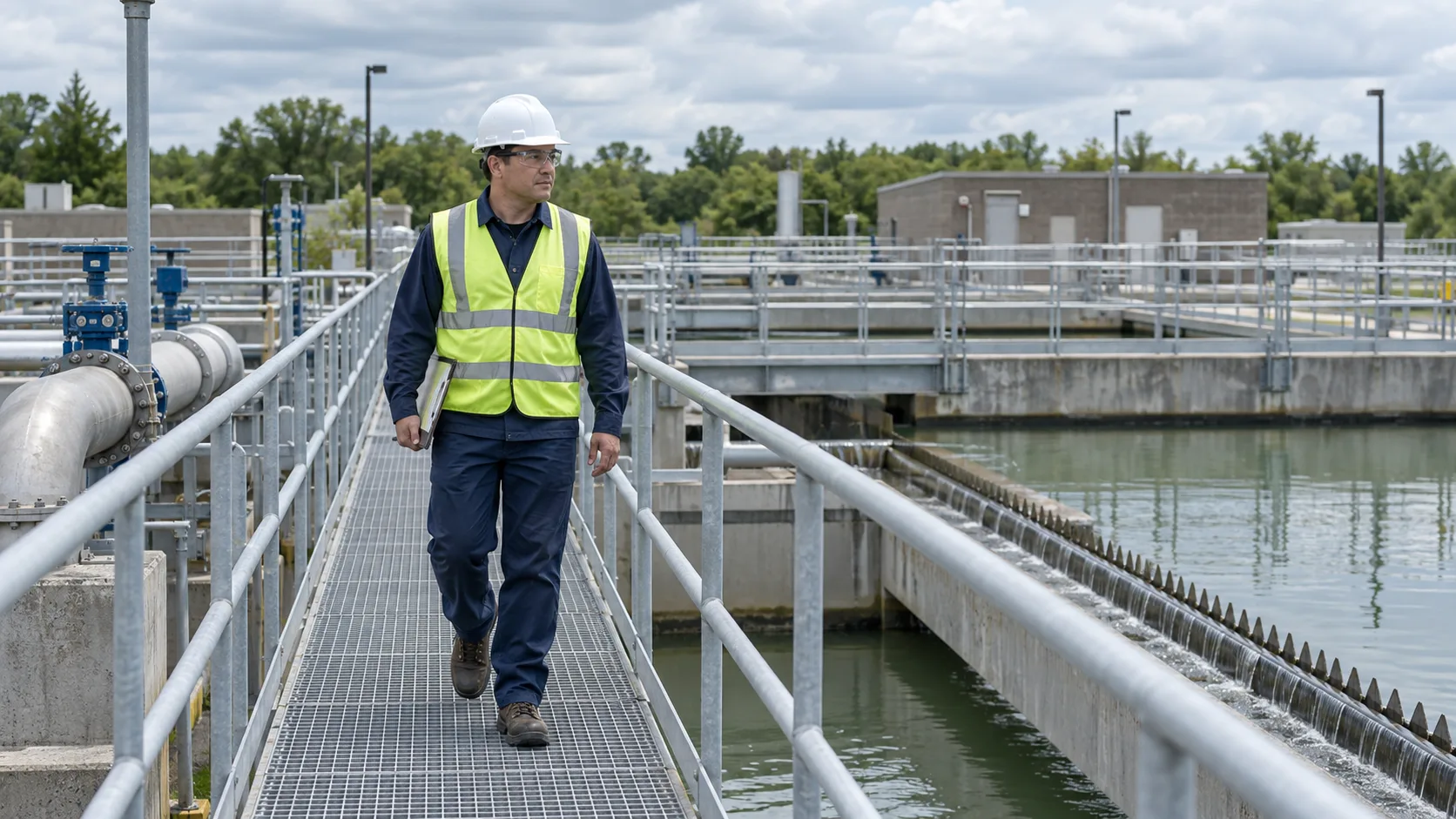 A water utility operator on a treatment plant walkway.