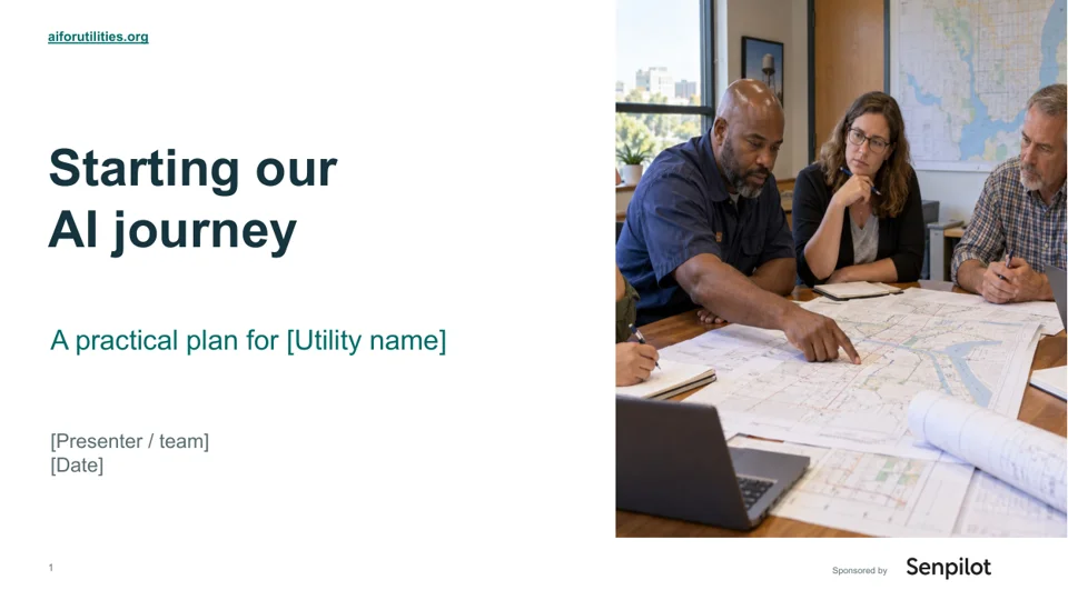 Cover of the AI journey presentation, with a utility team working around a table.